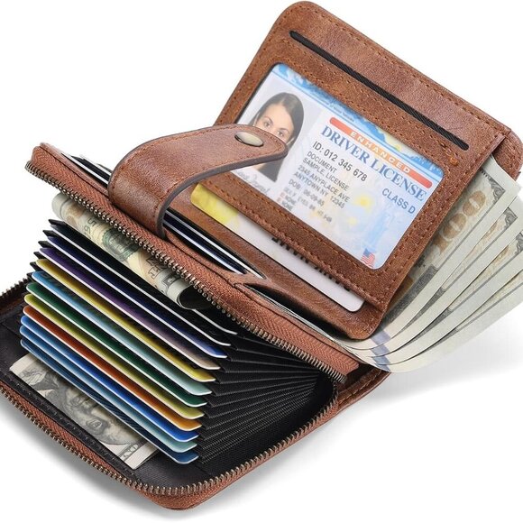 Women's Small Leather RFID Wallet Bifold Zipper Card Case with ID Window - Picture 11 of 11